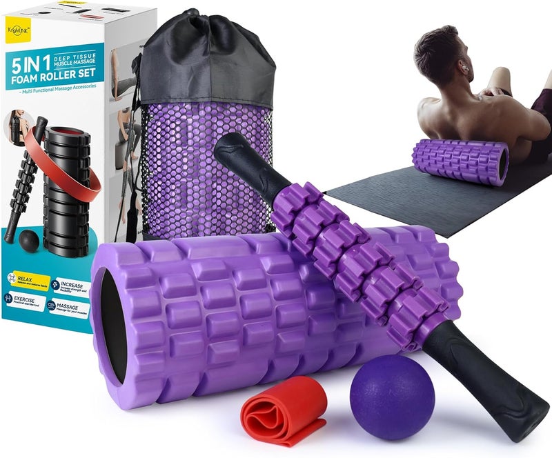 Krightlink 5 in1 Foam Roller Set, High Density Deep Tissue Massager for Muscle Massage, Massage Roller, Massage Ball, Resistance Band for Whole Body Physical Therapy Deep Muscle Massage (Purple) - Image 1
